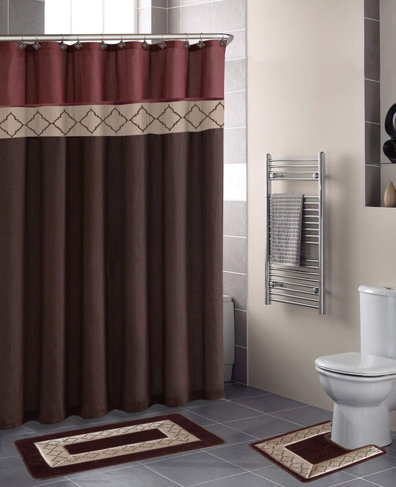 Dynasty Burgundy Diamond 15-Piece Bathroom Accessory Set: 2 Bath Mats, Shower Curtain & 12 Fabric Covered Rings