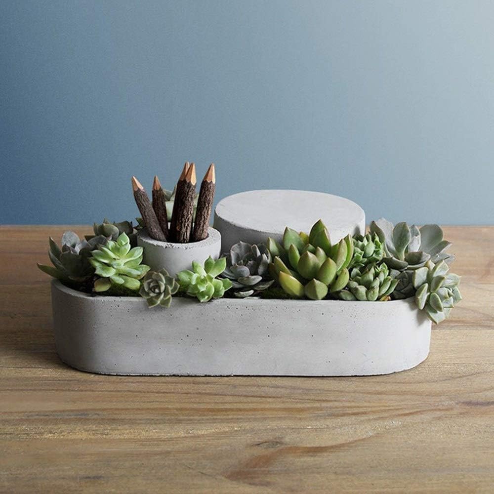 MoYek Mixed Color Artificial Succulent Plant Retro Flower Pot Modern Gray Clay Planter Tray Creative Container Planter Cement Stoneware Geometry Succulents Decoration Potted Plant