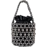 frrbuu women's silver acrylic bead handbag, black leather inner bag, fashionable metal shoulder strap crossbody bag, small bucket bag