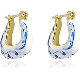 Vintage Ceramic Porcelain Hoop Earrings for Women, Elegant Blue White Enamel Ceramic Pattern Huggie Earring, Hypoallergenic Creative Jewelry Gift Trendy Accessories