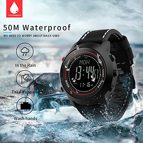Men Digital Watches with Compass Pedometer Altimeter Barometer Black Leather Band