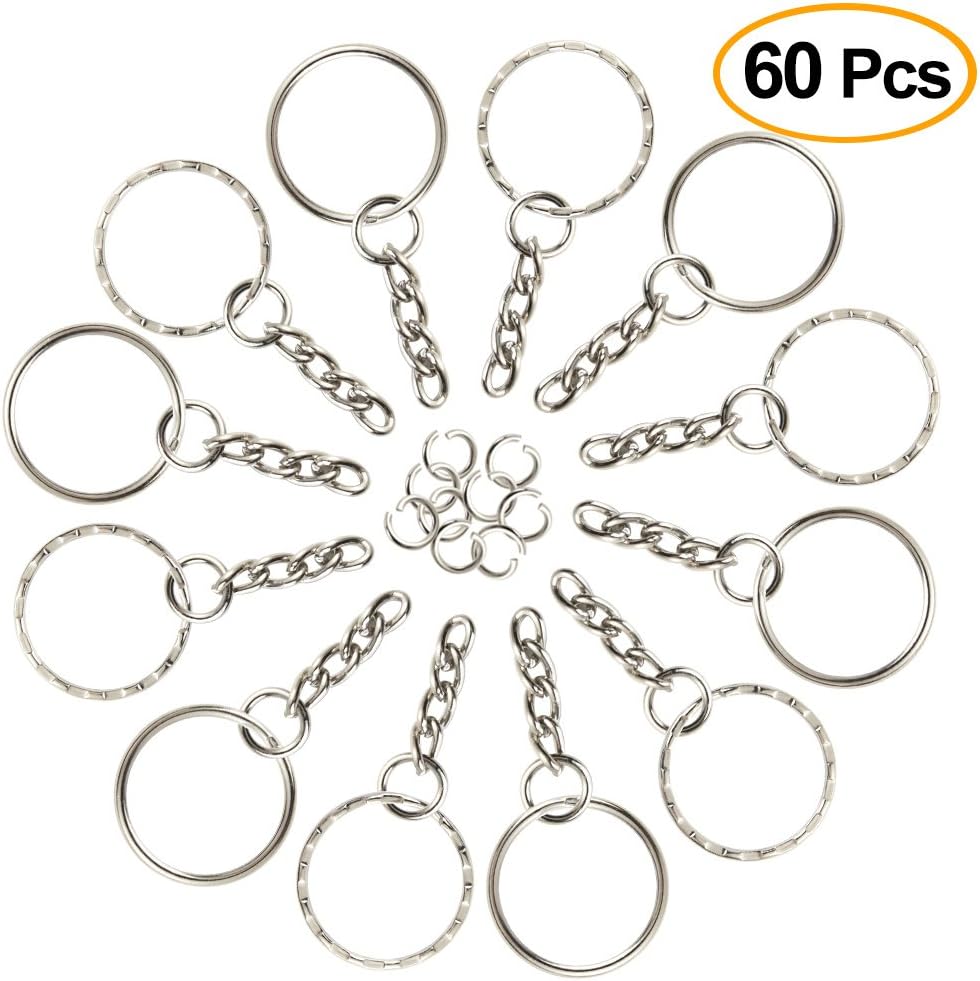 FEPITO 60 Pieces Keyring Blanks Split Metal Key Rings with Link Chain