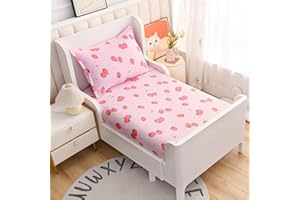 KWLOVER 2PC Soft Bed Deep Pocket Fitted Sheet and Pillowcases Set for Single Bed,Pink Strawberry and Rabbit Printed Sheets for Kids Twin Size Bed