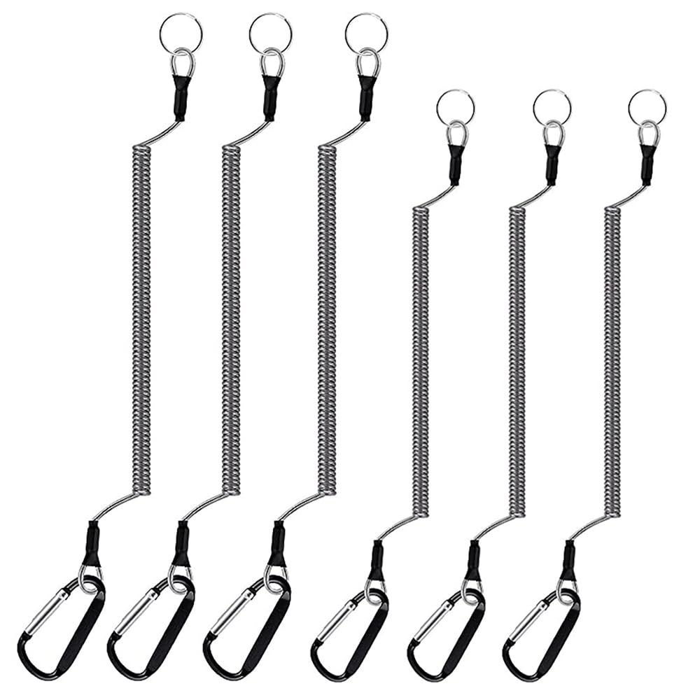 6 Pcs Fishing Safety Lanyards, 1.2M/1.5M Heavy Duty Retractable Coiled Tether with Carabiner and Split Ring, Anti-Lost Stretch Cord for Pliers, Tools, Boating (Black)