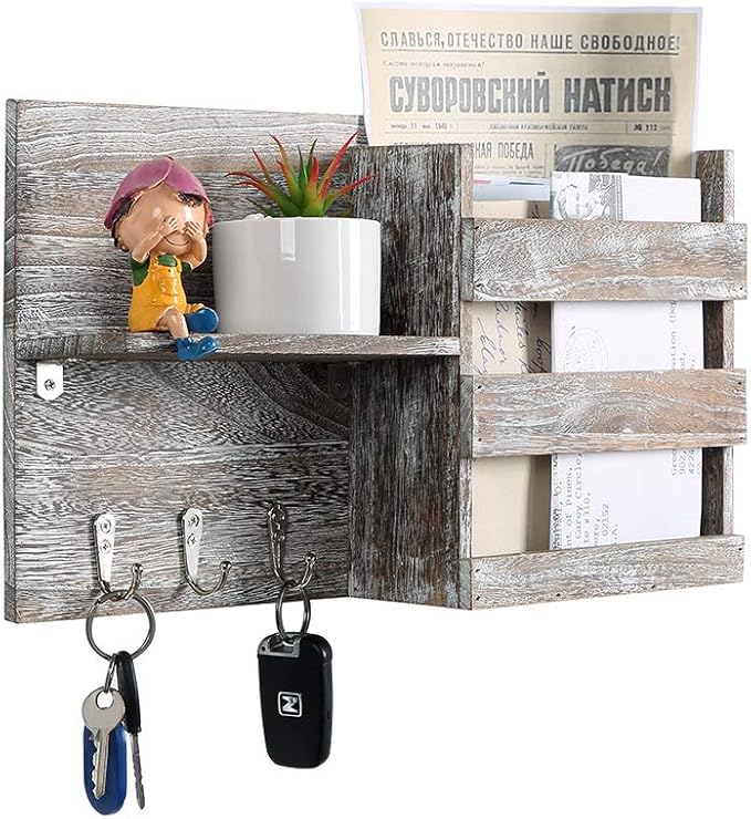 Wall Mounted Mail Envelope Holder with 3 Key Holder Hooks