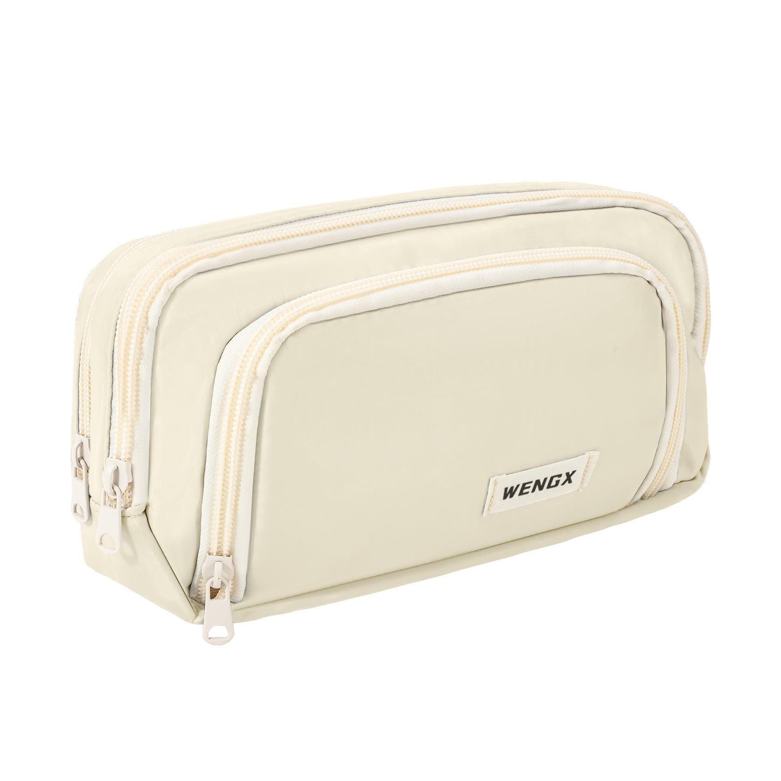 WENGX Large Capacity Pencil Case,Zip Smooth Pencil Pouch for Girls Boys with 4 Compartments Pen Bag Stationery Organizer Office Makeup Bag for Women Men(Beige)