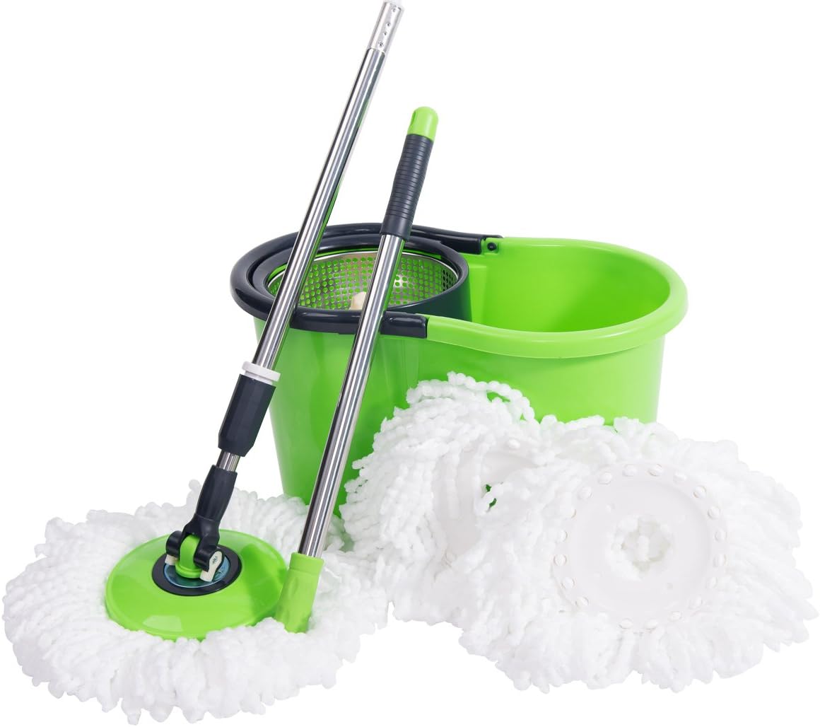 NFHOME Spin Mop and Bucket Cleaning System with 2 Extra Microfiber Spin Mop Head Refills, Easy Press Mop Bucket Set with 360° Rotation Push & Pull - Non Pedal, Green