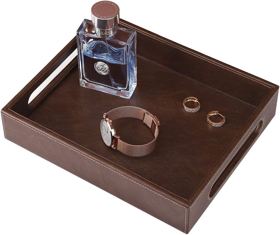 Luxspire Valet Tray with Handles, 26.2 x 21.6 cm PU Leather Ottoman Serving Tray, Decorative