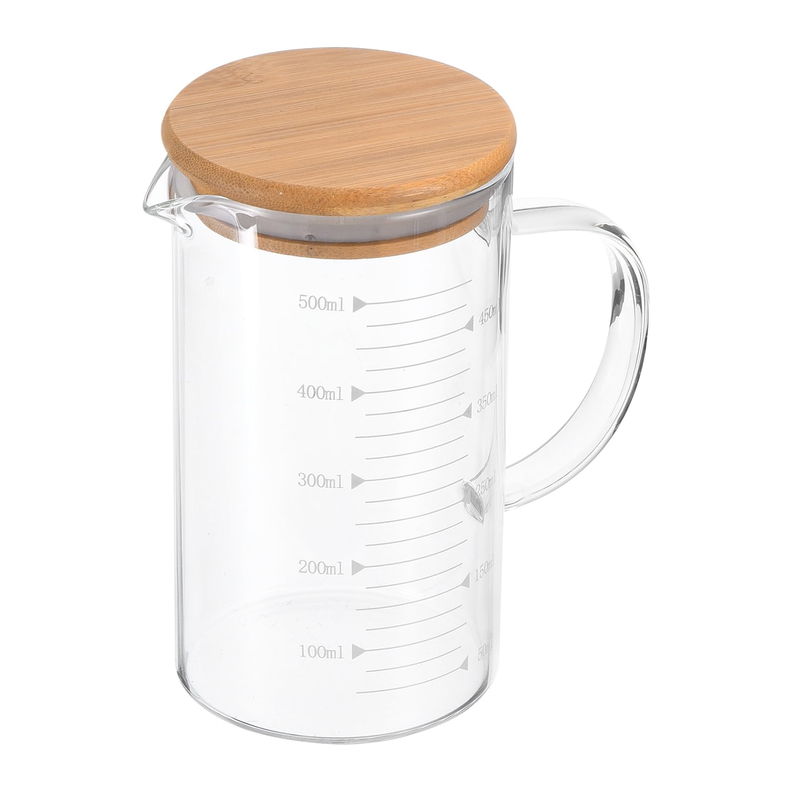 PATIKIL 500ml Glass Measuring Cup, 3.3 Borosilicate Glass Graduated White Printed Scale Liquid Measure Cups Beaker with Wood Lid and V-Shaped Spout for Kitchen