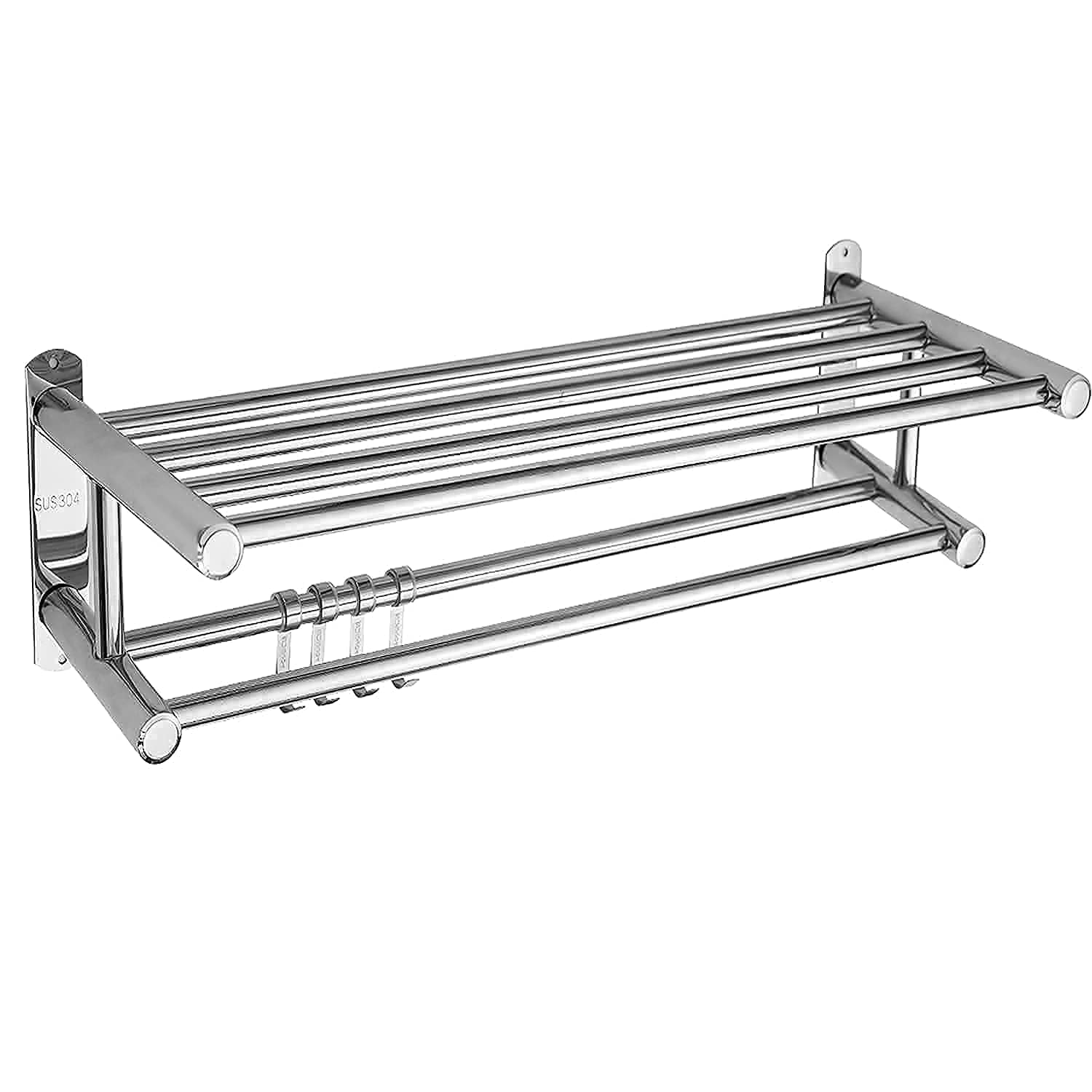 Towel Rail Wall Mounted Towel Rack 304 Stainless Steel Bathroom Storage Holder Rack Towel Rail Wall Mounted Towel with Hooks Towel Rack Stand Bathroom Hotel Kitchen Waterproof Rustproof 60CM (1 Tier)