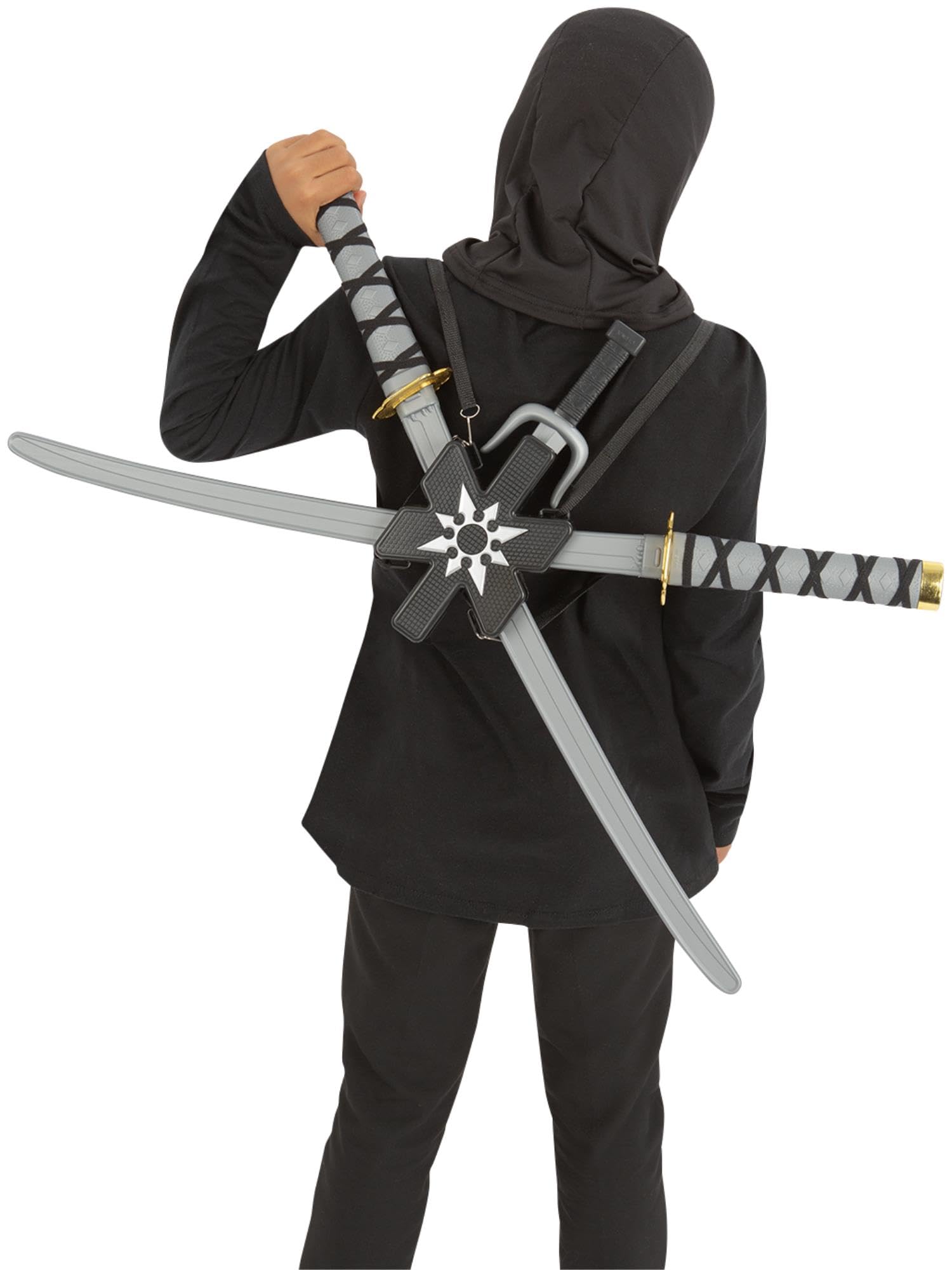 Smiffys Ninja Assassin Back Pack with 2 Swords 72cm, 2 Daggers & Star, Boys Fancy Dress, Child Dress Up Accessories