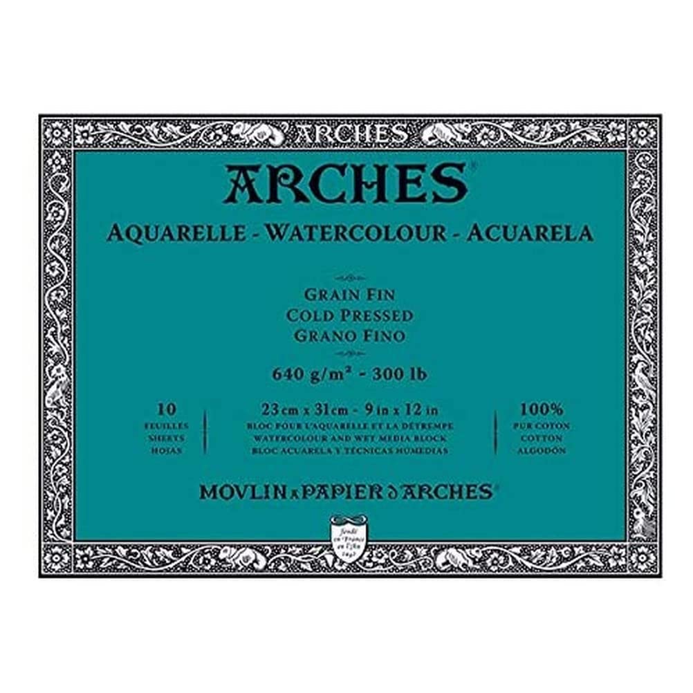ARCHES 23 x 31 cm 640 GSM Cold Pressed Glued on 4 Sides Block Watercolour Paper - Natural White (Pack of 10 Sheets)