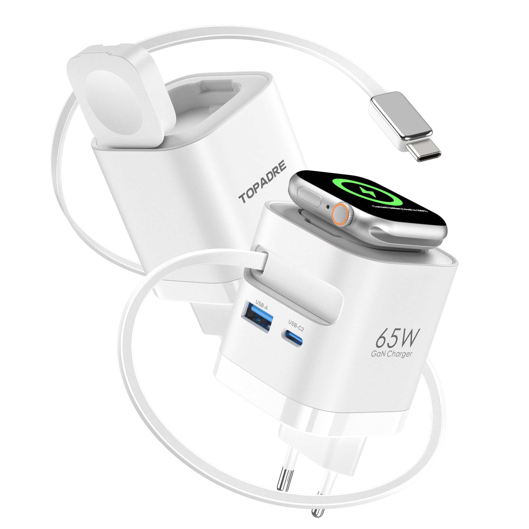 Einziehbares 65W USB C ladegerät mit Kabeln für Apple Watch, 4-Port GaN USB C Ladegerät Netzteil mit Schnellladekabel für Apple Watch Ultra/11/10/9/8/7 Serie, MacBook Serie, iPhone, iPad, Galaxy. Weiß