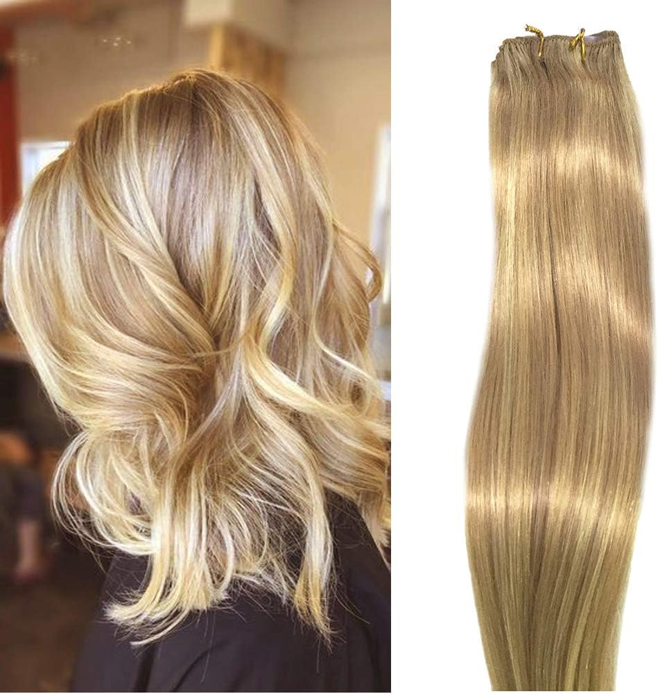 Blonde Highlights Clip in Hair Extensions with Strawberry Rose Blonde Mixed Balayage 7 Pieces 100G Silky Straight Seamless Skin Weft Clip in Remy Hair Extension 14 Inch for Women