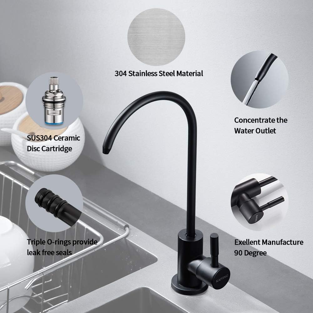 KAIYING RO Water Faucet, Lead-Free Pur Water Filter Faucet for most Reverse Osmosis Units, Kitchen Bar Sink Drinking Water Purifier Faucet, SUS304 Stainless Steel, Black - - 