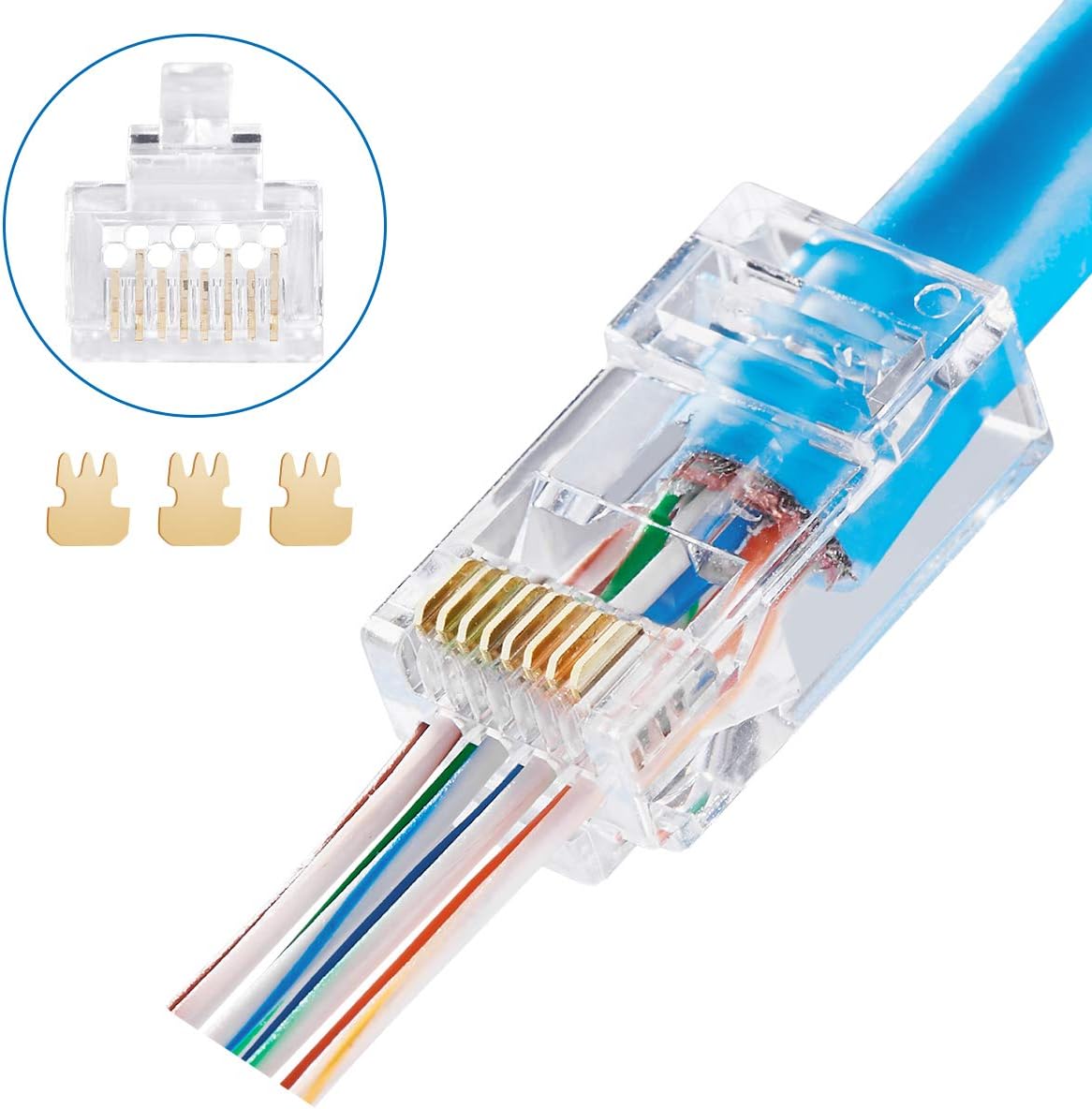 Rj45 CAT6 Pass Through Connectors Fully Gold Plated 3 Prong Ethernet Ends Plug for 24AWG CAT6 Cable (24AWG-50pcs)