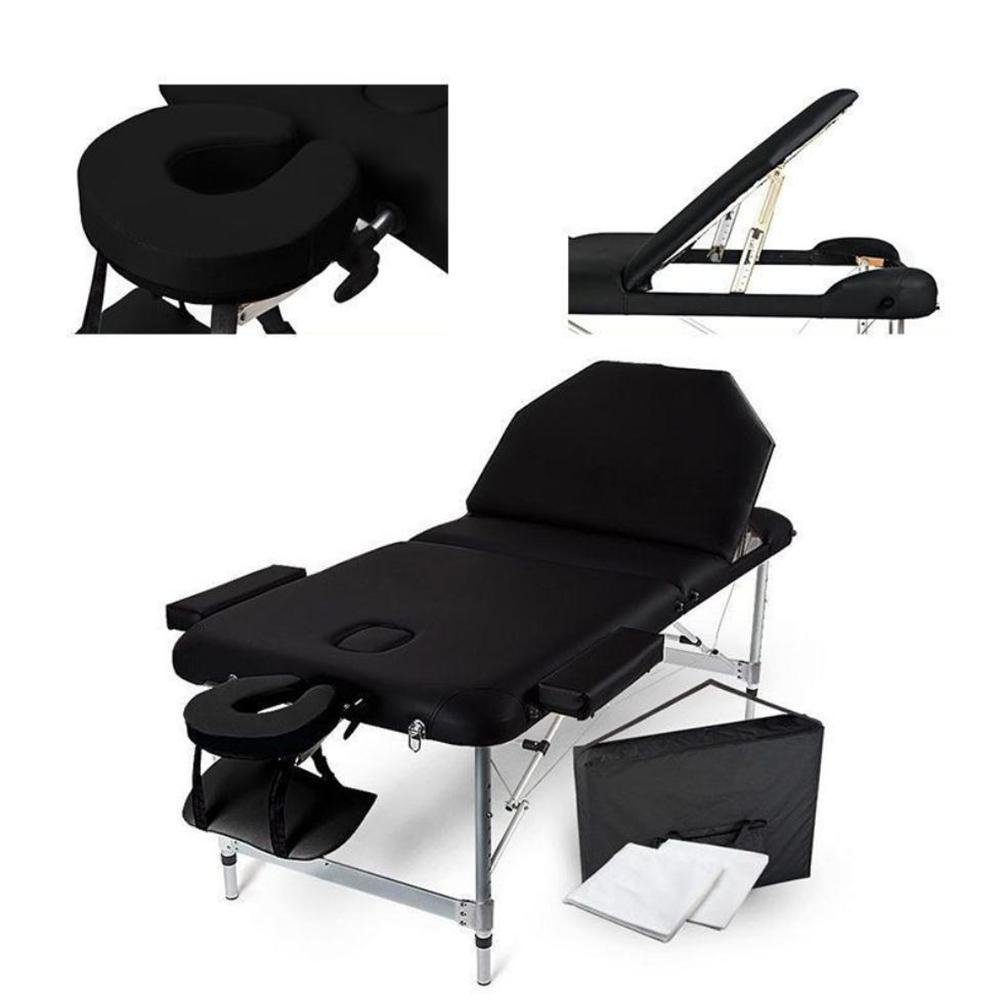 Portable Massage Table Aluminum 3 Fold Black Therapy SPA Tattoo Beauty Bed Chair Treatment with Carrying Case
