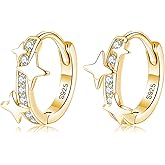 Reffeer Solid 925 Sterling Silver CZ Star Hoop Earrings for Women Teen Girls Star Huggie Hoop Earrings Hypoallergenic