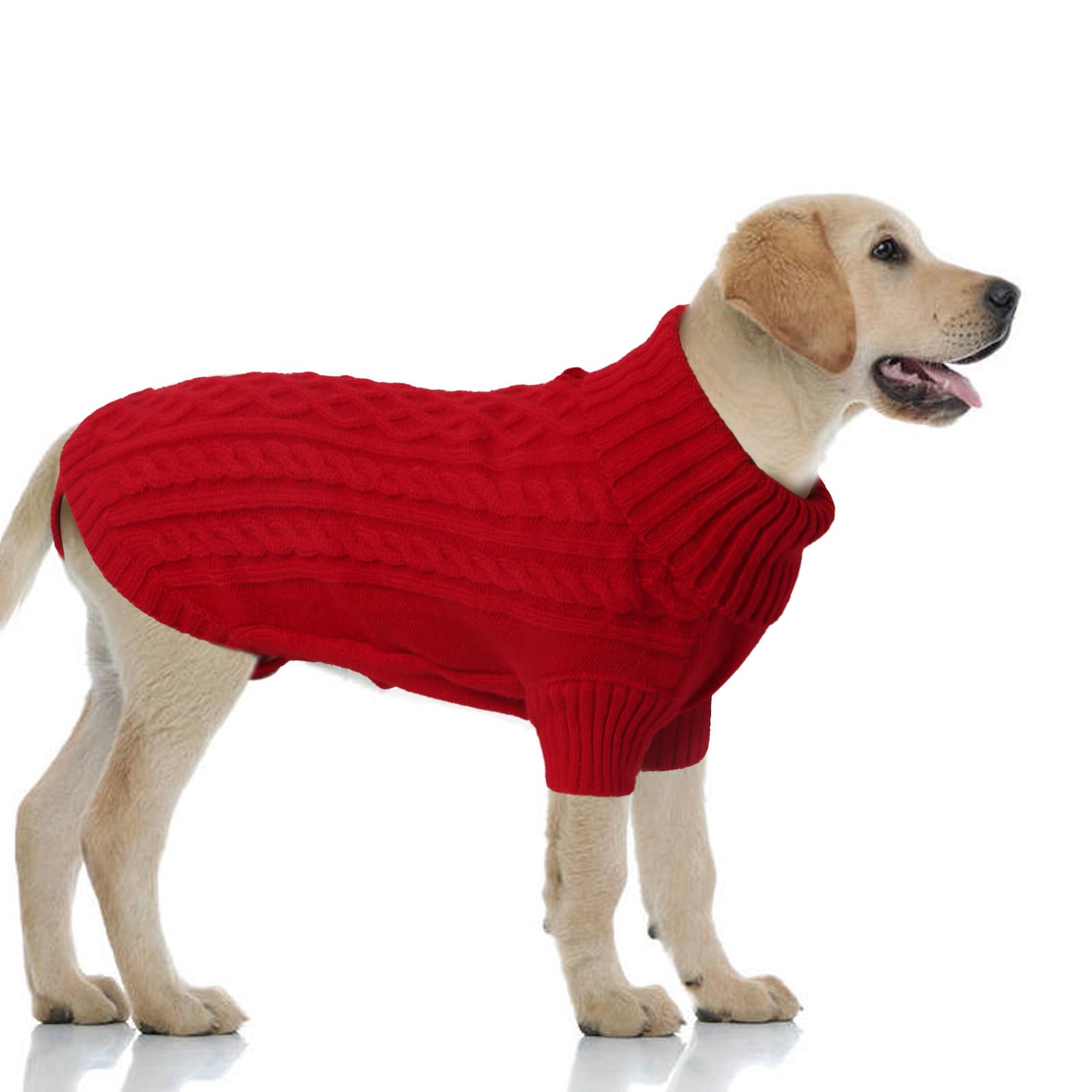 LiebeDD Extra Large Dog Jumper, Turtleneck Knitted Dog Sweater with Leash Hole Winter Warm Jumper for Medium and Large Dogs Cold Weather Knitwear for French Bulldog Pug Weimaraner, Bright Red