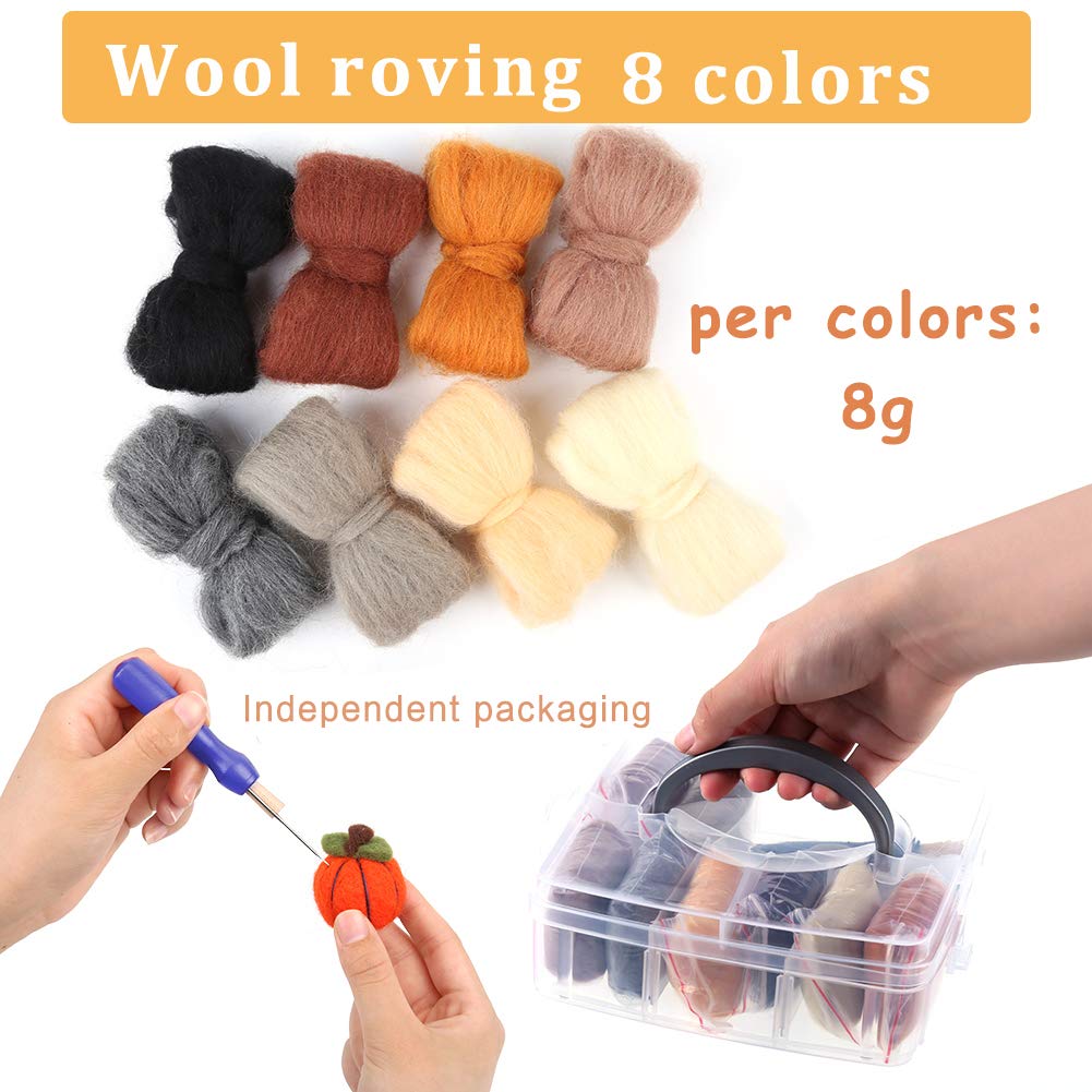 Zlulary Needle Felting Wool, 8 Colors Wool Roving, Needle Felting Supplies, Felting Needle Kit for Beginners Spinning Felting Supplies, 8g/Color (Dark)