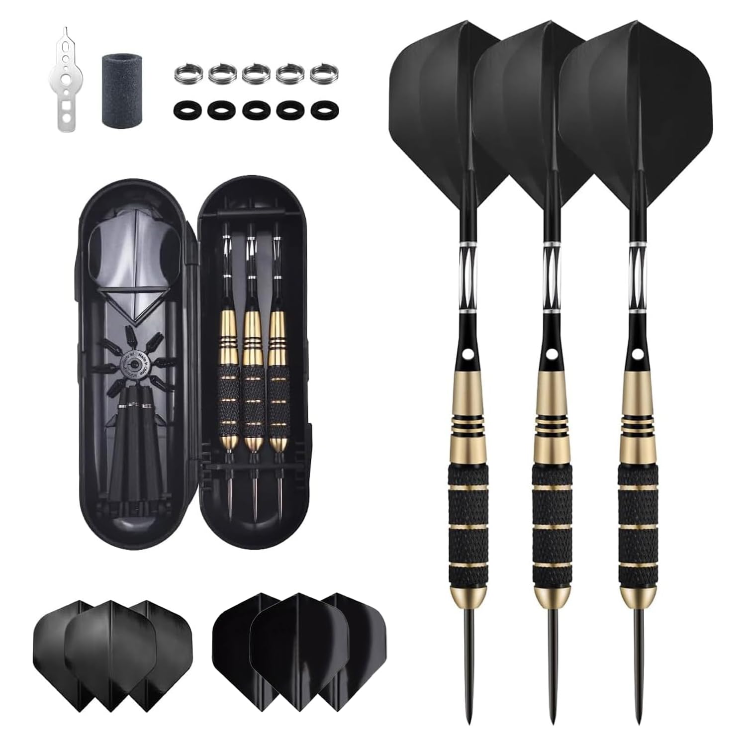 JOYVOX Steel Tip Darts Set - 24g Brass Darts with Stems, Flights, Rubber-Rings, Spring Rings, Dart Sharpener, and Multi-Function Tool