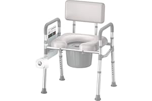 SOUNDFUSE Bedside Commode Chair with Padded Seat and Backrest, Aluminum Dual-Crossbar, Height Adjustable, Portable Toilet for Seniors and Adults, Potty Bucket and Splash Guard, 350 lbs Weight Capacity