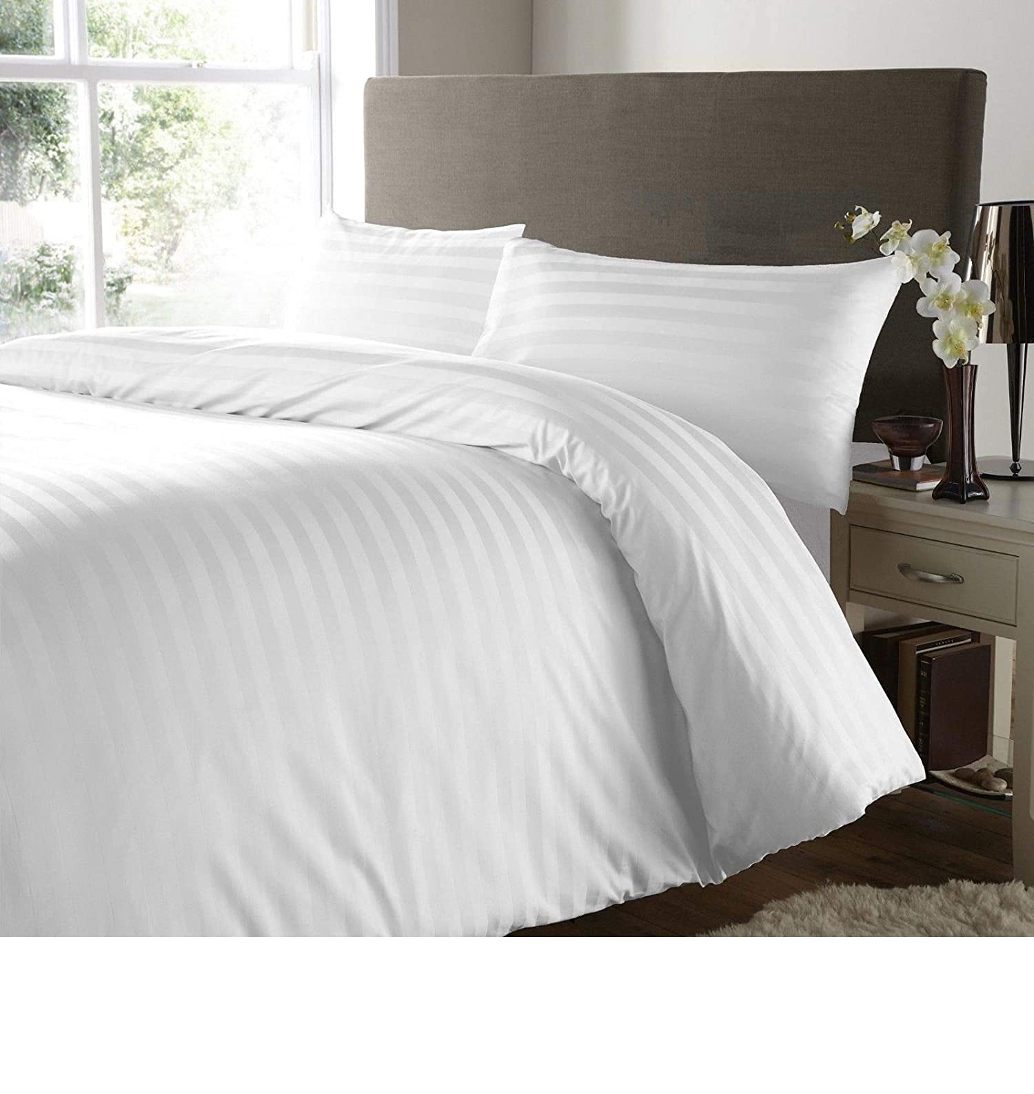 RAYYAN LINEN Satin Stripes Duvet Cover Set Satin 100% Egyptian Cotton 400 Thread Count Luxury Hotel Quality with Pillowcases (White, King)