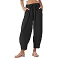 EVALESS Women's Summer High Waisted Baggy Pants Casual Ankle Length Trouser Slacks with Pockets