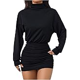 GORGLITTER Women's Lantern Long Sleeve Mock Neck Mini Dress Casual Elegant Ruched Bodycon Going Out Dinner Mini Dresses