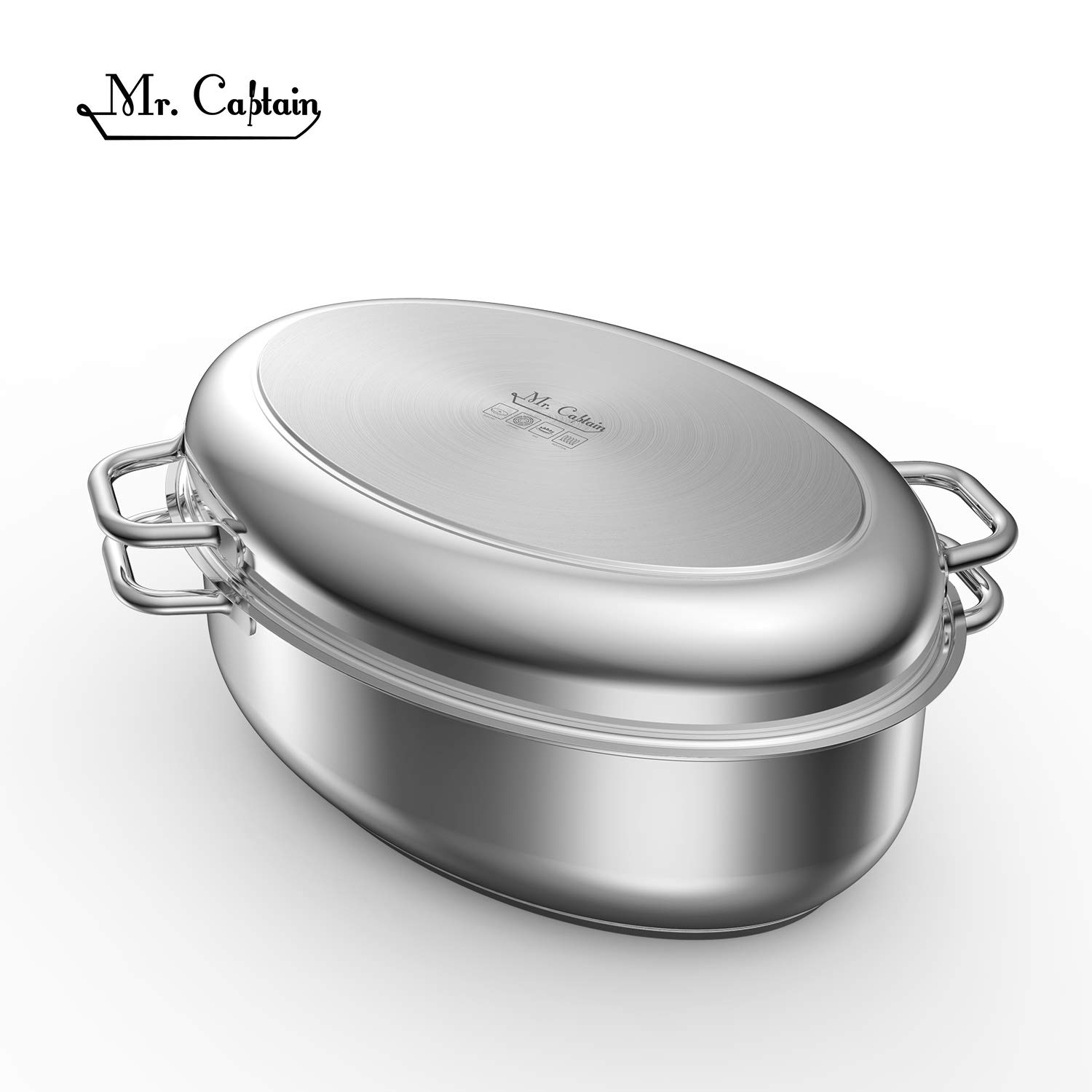 Mr Captain Roasting Pan with Rack And Lid 8.5 Quart,18/10 Stainless Steel Multi-Use Oval Roaster,Induction Compatible Dishwasher Safe Oven Safe Turkey Roaster 15 Inch