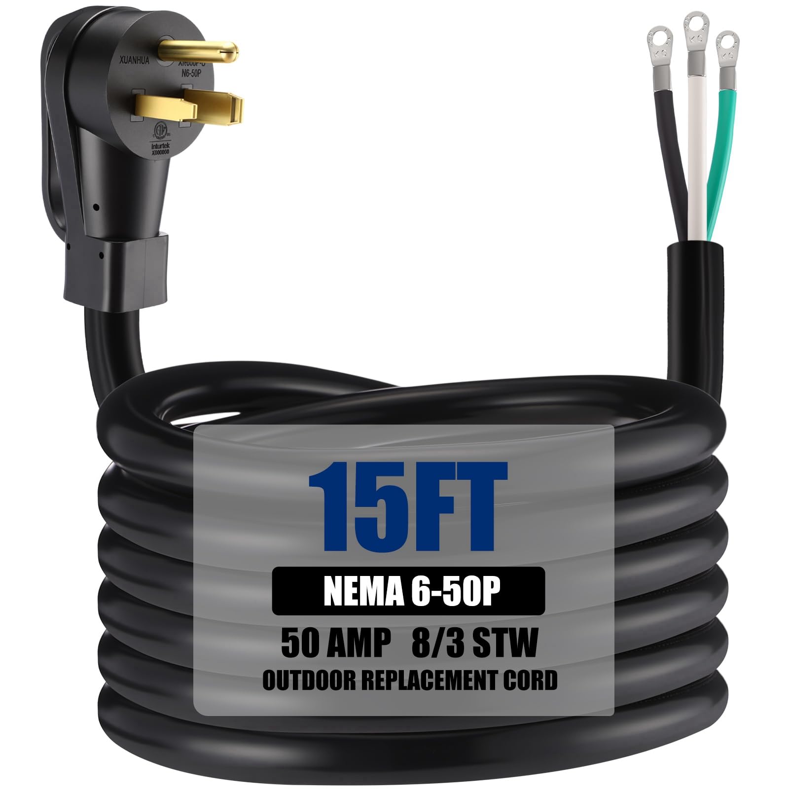 Photo 1 of Kanayu 15 ft 8 Awg 3 Prong Replacement Power Cord Compatible with Nema 6-50p 40 Amp 250v Welder Extension Cable with Open End for Welder Dryer Garage Heater Generator, Etl Listed