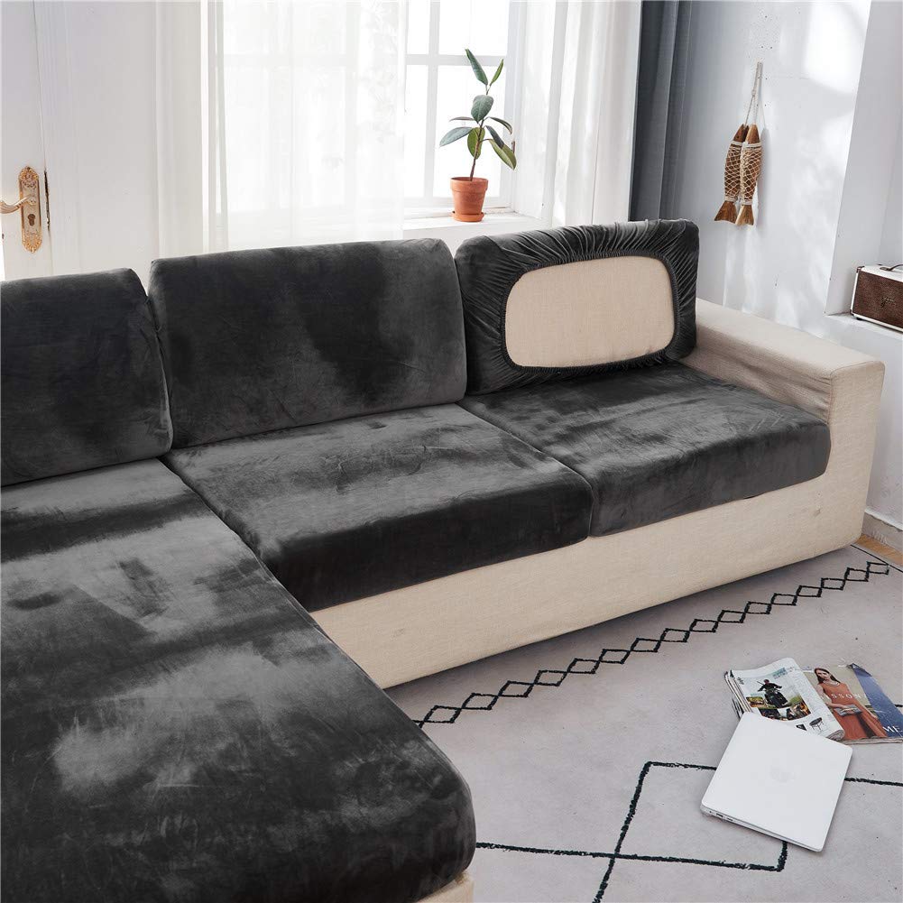 SYLC Sofa Seat Cushion Covers Velvet, Sofa Cushion Slipcovers Replacement, Couch Cushion Covers Thick Stretch for Individual Cushions (Dark gray,Backrest cover)