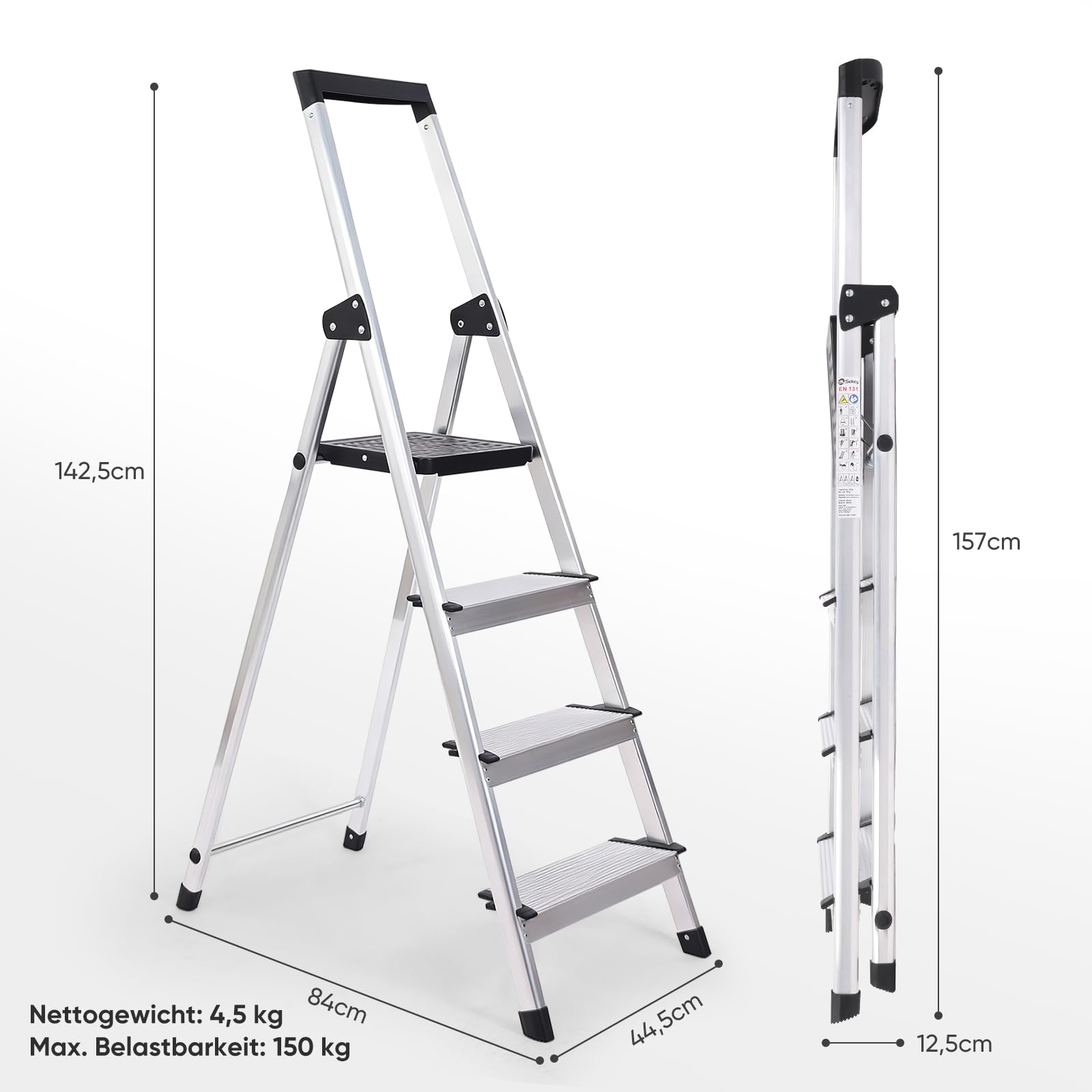 Sekey Aluminium Trittleiter 4 Stufen (140 cm), Klappbar, mit Werkzeugablage, rutschfest, bis 150 kg Belastbar, TÜV EN131-2, für Haushalt, Garage & Garten 9