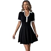 winkbay Women's Elegant Collared Short Sleeve Dress Button Front A Line Flowy Mini Work Office Dresses