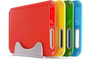 AICHOOF Plastic Cutting Board, Set of 4 with Storage Stand, Color Box Packed, BPA-Free, Preventing Cross-contamination of Different Food Types, Dishwasher Safe