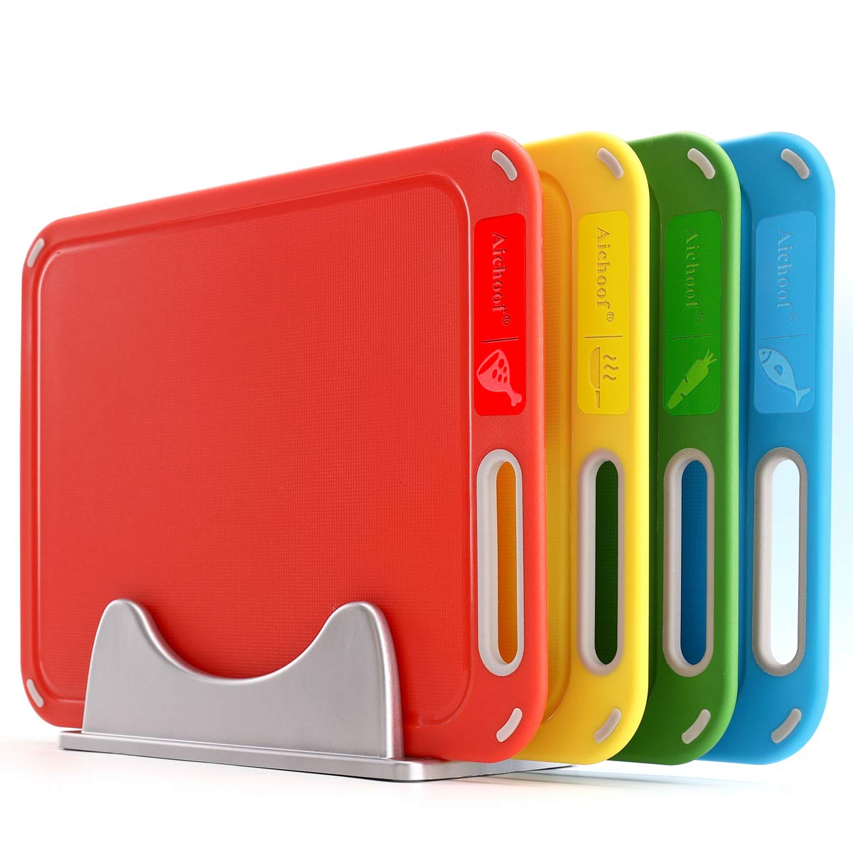 Photo 1 of Plastic Cutting Board, Set of 4 with Storage Stand, Color Box Packed, BPA-Free, Preventing Cross-contamination of Different Food Types, Dishwasher Safe