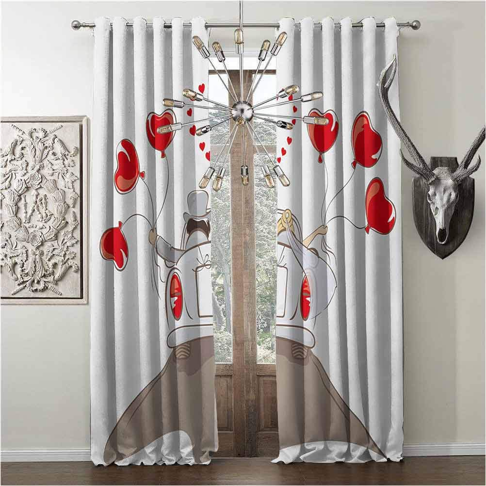 hengshu Heat-Insulation Curtains, Wedding, Black-Out Shades Curtain, Newlywed Couple in Vintage Car with Heart Shaped Balloons Drawing Art Print, W120 x L96 Inch, Red Taupe White, Grommets Drapery,