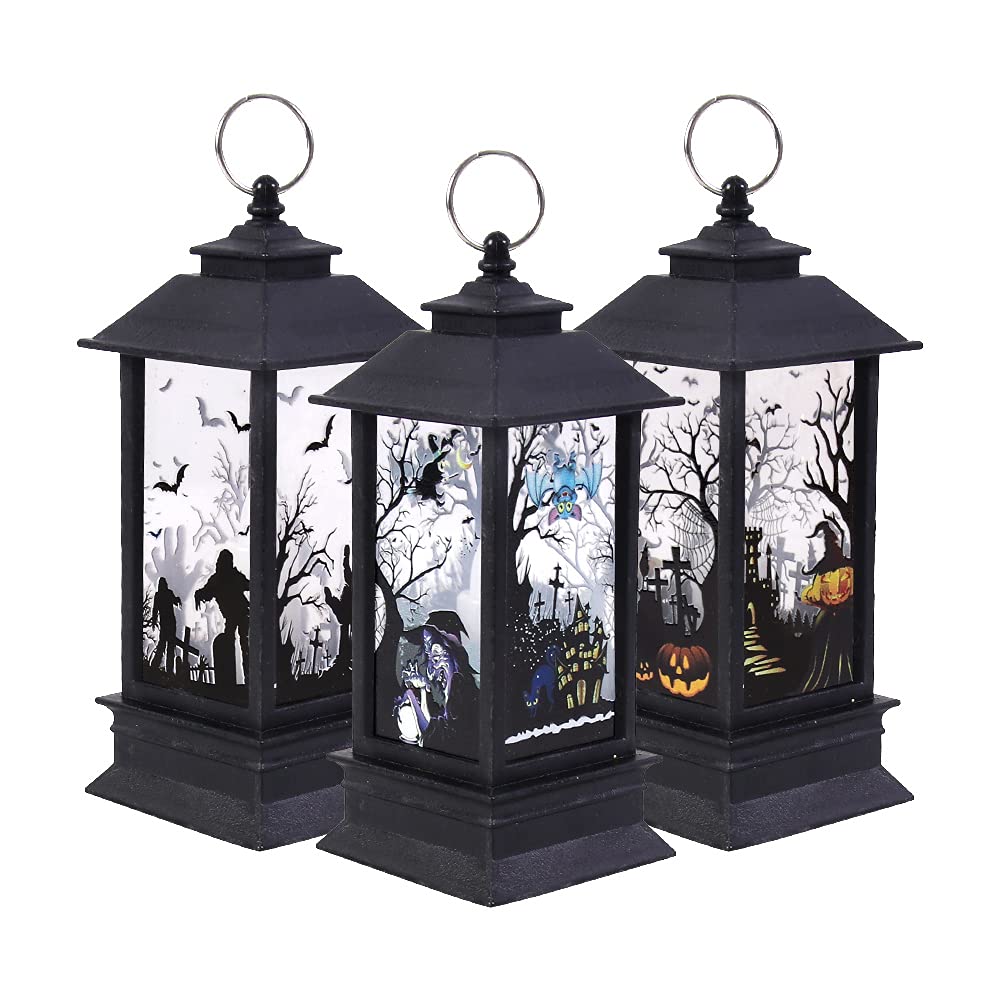 3PCS Halloween Pumpkin Lanterns Witch Castle Ghost Vintage Candle Lantern with LED Tea Light Lampion Flame Lamp Fireless Lamp Indoor Outdoor Lanterns for Halloween Decoration
