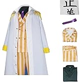 Roncome Unisex Men Halloween Outfit Anime Uniform White Jacket Cloak Cape Long Coat Yellow Striped Suit Cosplay Costume