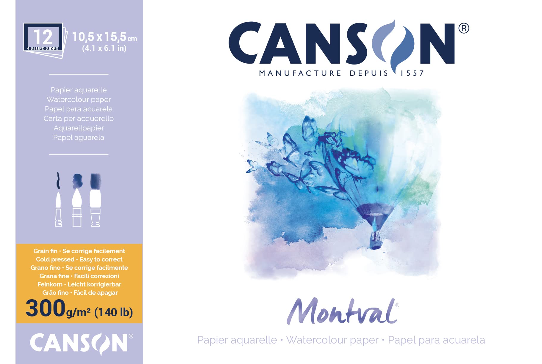 Canson 200006532 AQ Montval Fine Watercolour 300 g/m² 12 Sheets per Pad Glued All-Round 10.5 x 15.5 cm White