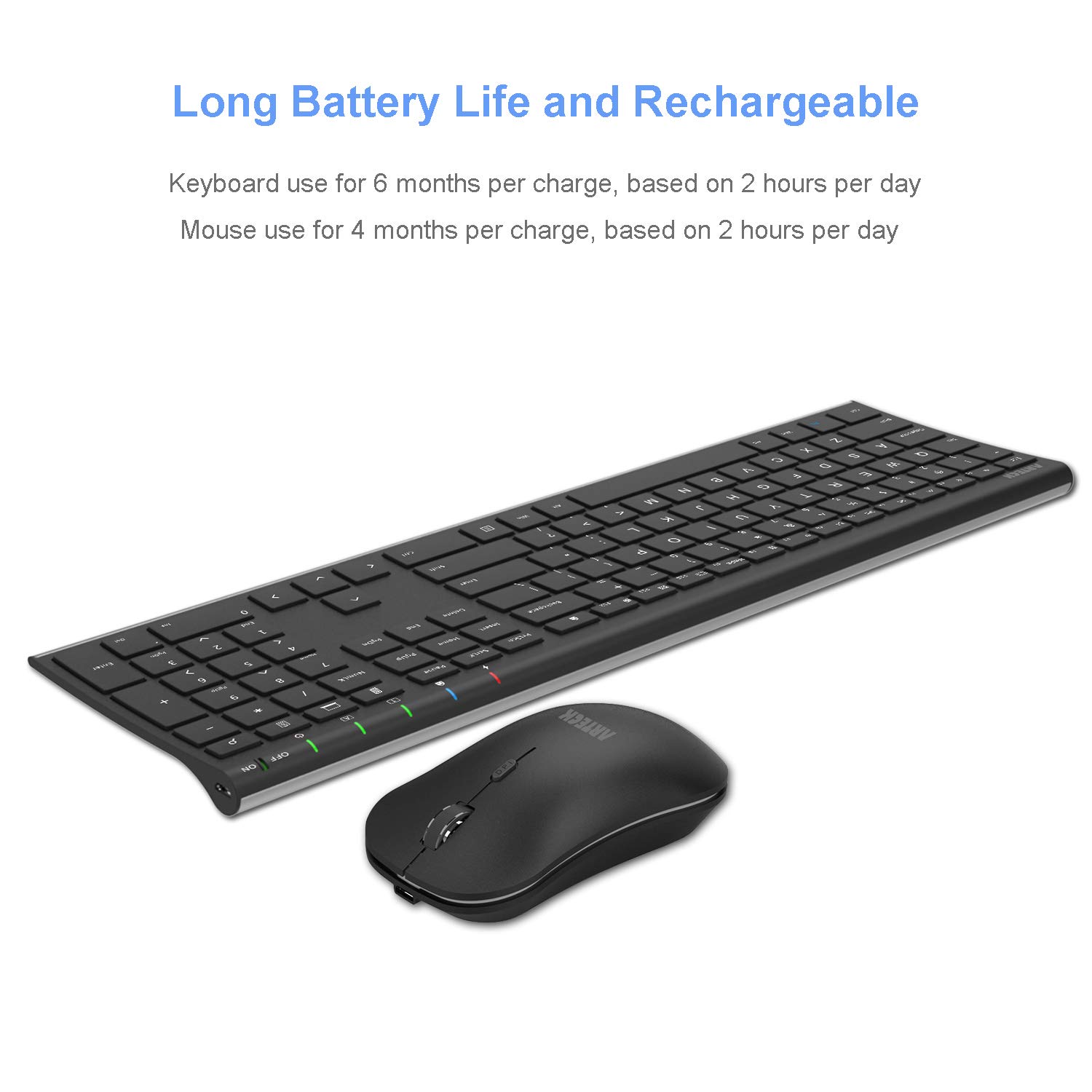 Arteck 2.4G Wireless Keyboard and Mouse Combo Stainless Steel Ultra Slim Full Size Keyboard and Ergonomic Mice for Computer Desktop PC Laptop and Windows 11/10/8 Build in Rechargeable Battery
