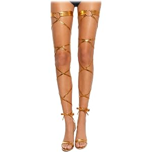 Heliltd Gold Metallic Leg Wraps with O Ring Thigh Garter Straps for Women | Rave Leg Wraps with Adjustable Thigh Straps and O
