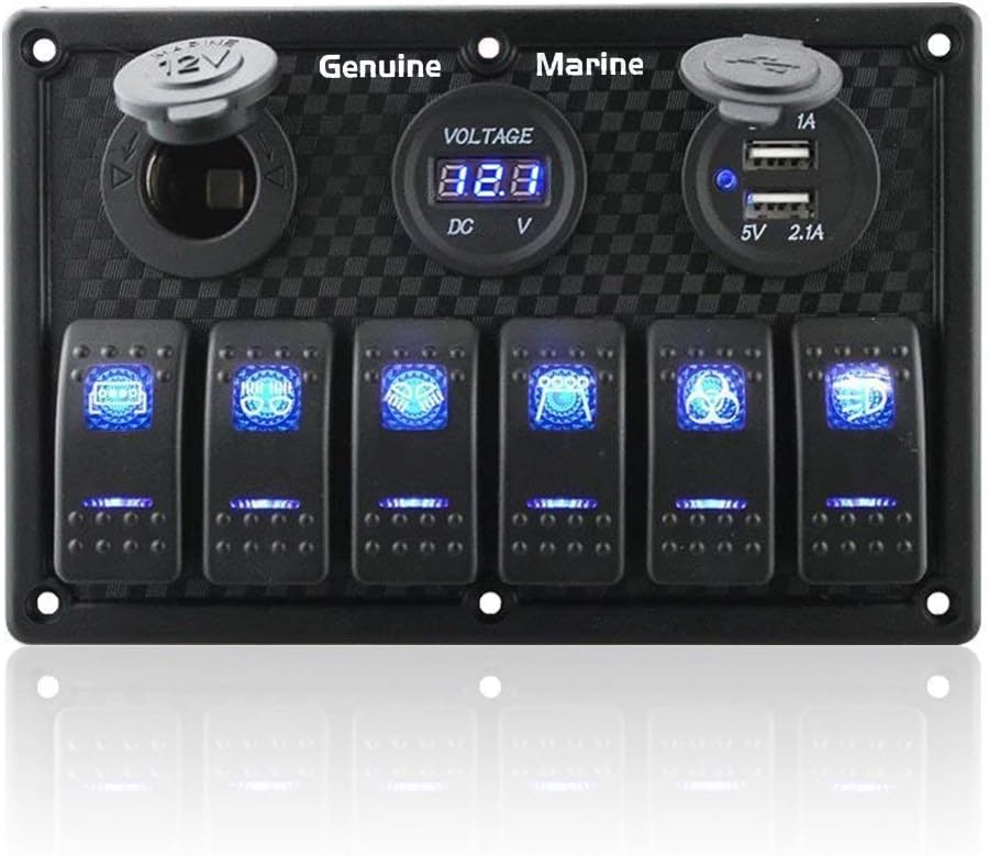 6/8 Gang 12V Rocker Switch Panel for RV Marine Car Vehicles Truck Boat Waterproof, Digital Voltmeter Display Dual USB Charger Port DC 12V Socket 12/24V Red/Blue/Orange Lighted Switches with 15A Fuse : Sports & Outdoors