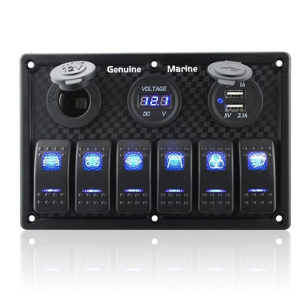 6/8 Gang Rocker Switch Panel for RV Marine Car Vehicles Truck Boat Fuse Panels Waterproof Digital Voltmeter Display Dual USB Charger Port DC 12V Socket 12/24V Red/Blue/Orange Lighted Breaker Switches