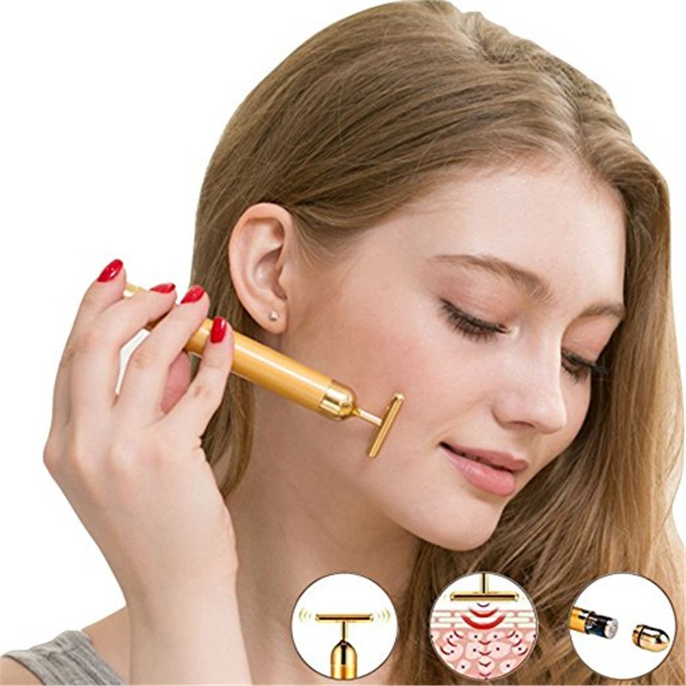 Zinnor Beauty Bar 24K Golden Pulse Waterproof T Shape Facial Roller Skin Care Beauty Massager Anti-Aging Face Massage Tools for Sensitive Skin Face Pull Tight Firming Lift (T Shape Facial Roller)