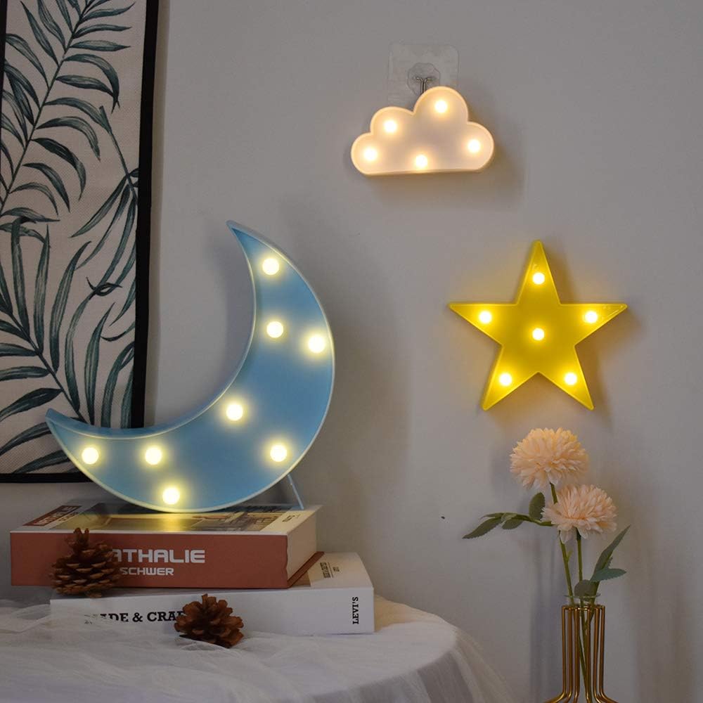 buywin Moon Star Cloud Light Set Mini Plastic Children Night Light Warm Shine Battery Operated LED Table Lamps Moon Star Cloud Shaped Curtoon Lights for Kids Bedroom Nursery