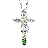 Cross Necklace For Women In 925 Silver and 10K Yellow Gold with Lab Grown Diamond and Green Nano Emerald | 1.26 Cttw | Jesus Christian Religious Crucifix | Marquise Cut 8X4MM | With 18 Inch Chain