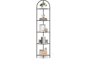 VASAGLE 5-Tier Corner Shelf Stand, Corner Bookshelf, Bathroom Organizer, Plant Stand, Tempered Glass, Classic Black ULGT810B6