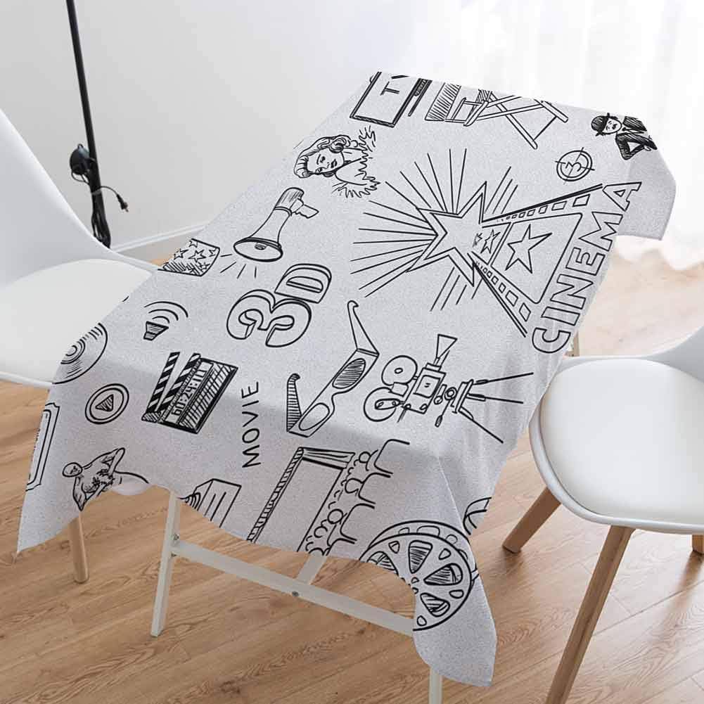 DILITECK Movie Theater Picnic Rectangle Tablecloth Hand Drawn Symbols of Hollywood Oscar 3D Glasses Sketch Style Arrangement Easy to Clean 55 x 72 Icnh Black White