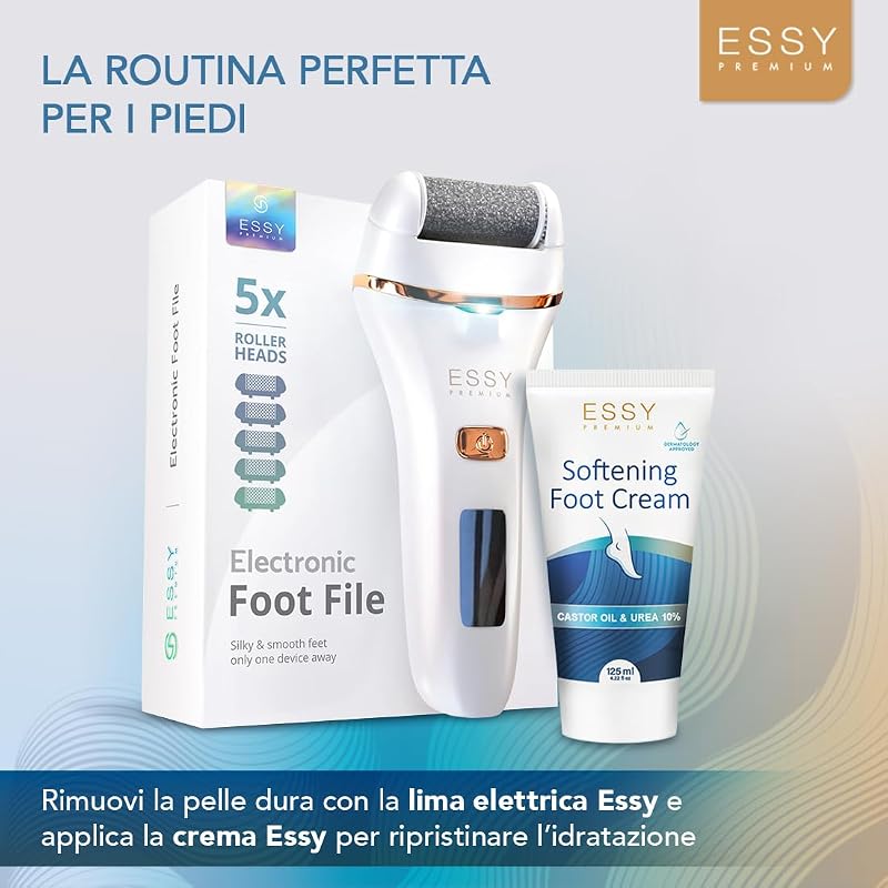 Lima per Piedi Elettrica Ricaricabile con 5 Rulli di Ricambio (Bianco)